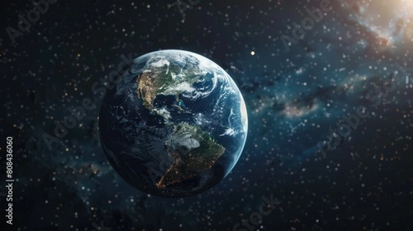 Fototapeta 3D world map with a celestial backdrop, showcasing the Earth as a shining orb amidst the starry expanse. 
