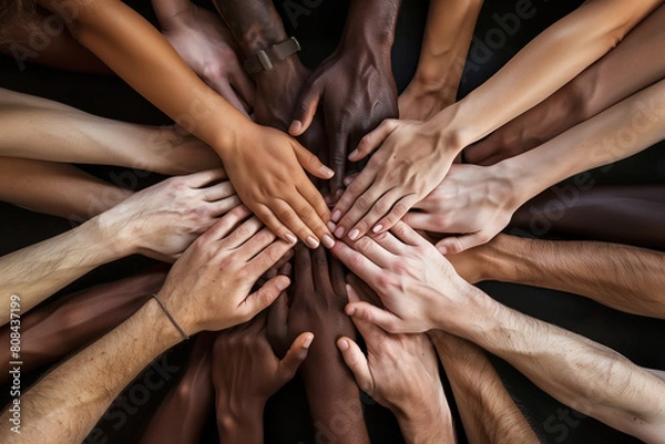 Fototapeta Hands of various races and ethnicities come together, united in a powerful display against discrimination. Each hand represents a unique individual. Generative AI.