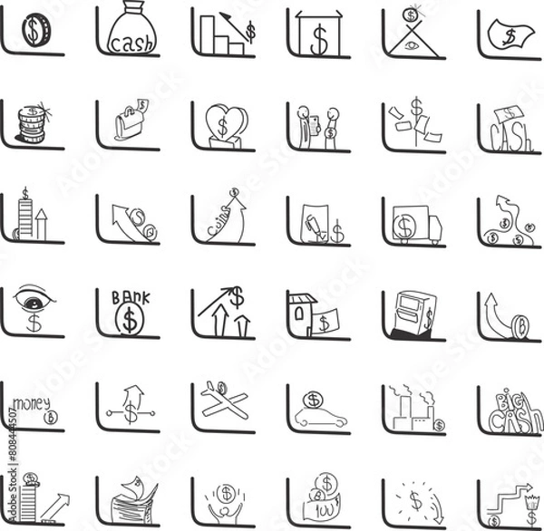 Fototapeta The set consists of various icons on the theme of finance, coins and profit with business.