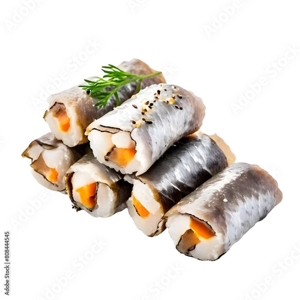 Fototapeta Salted herring rolls isolated on transparent background generative ai, cut out, or clipping path.