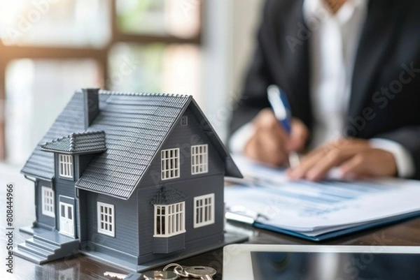 Fototapeta Large home model sat on a table with keys and a couple in suits sitting at a desk, signing a house contract on a touchscreen with a blurred background.