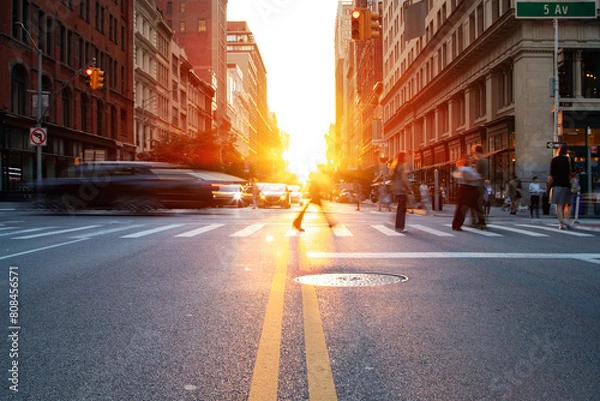 Fototapeta Crowds of people and cars in motion through the busy intersection on 5th Avenue and 23rd Street in New York City with sunlight in background