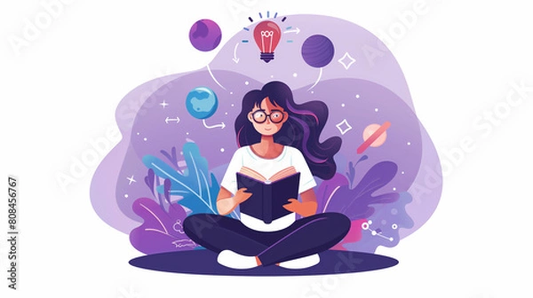 Fototapeta A woman is reading a book while sitting on the floor. The book is open to a page with a picture of a planet on it. The man is smiling as he reads. Concept of relaxation and enjoyment