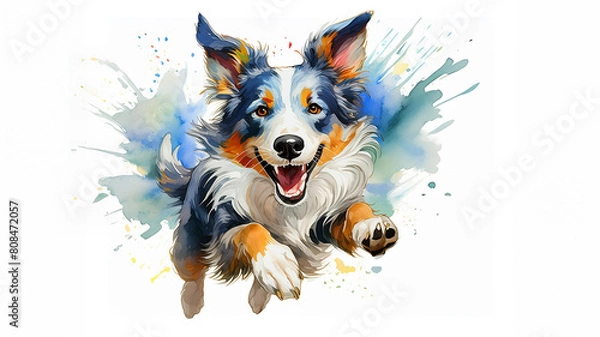Fototapeta cute running Border collie colorful watercolor background