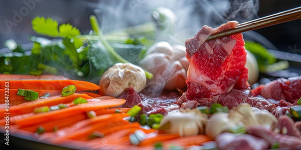 Fototapeta close up of hot pot ingredients, meat and vegetables in the center with chopsticks picking up beef slices from top to bottom, generative AI