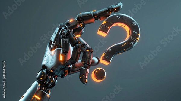 Fototapeta Composite image of composite image of robotic arm holding question mark 3d. Composite image of robotic arm holding question mark against grey vignette 3d