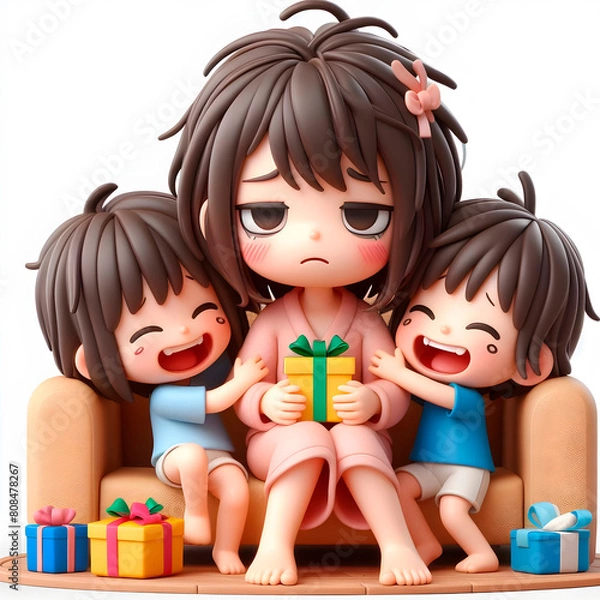 Fototapeta On the sofa, the exhausted Asian mother receives hugs, gifts and affection from her smiling children