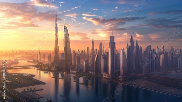 Fototapeta As the last rays of sunlight fade into the horizon, the city below awakens with a kaleidoscope of colors, its towering skyscrapers casting long shadows across the landscape.