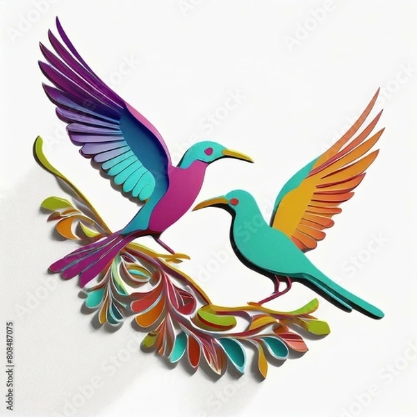 Obraz 鳥、海、夏を感じさせる、ロゴ風、豊かな色彩、シンプル、視覚的に見やすいイラスト、白い背景 Generated by AI