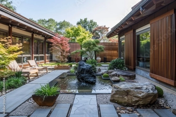 Fototapeta A traditional courtyard garden surrounded by wooden shoji screens, featuring a bubbling stone fountain, a karesansui dry landscape garden, Generative AI