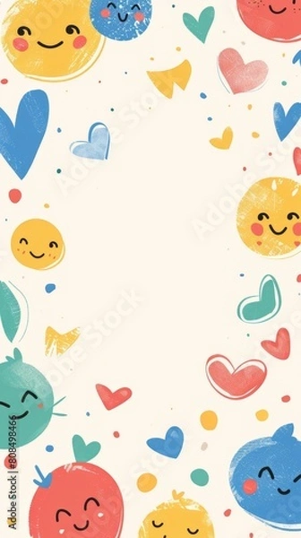 Fototapeta Numerous hearts and smiley faces displayed on a white background, suitable for International Day of Happiness celebrations. Copy space.