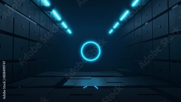Fototapeta 3D rendering of a gloomy empty futuristic atrium room with lights and circular neon lights