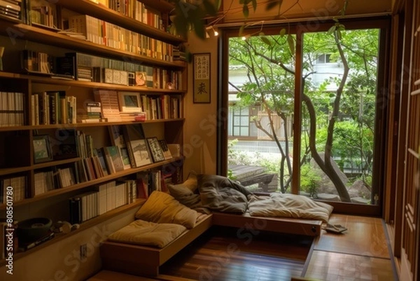 Fototapeta A cozy reading nook in a Japanese home, with a sunken kotatsu table, floor cushions, and shelves filled with books, offering a quiet space, Generative AI