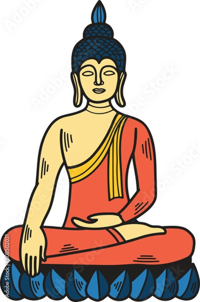 Fototapeta A white drawing of a Buddha statue sitting on a lotus flower