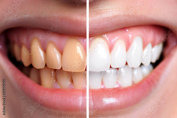 Obraz Before and after close up of teeth whitening, showing stained teeth and bright white teeth