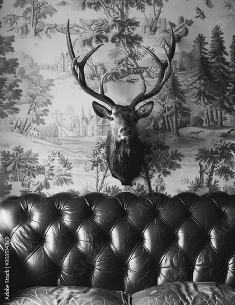 Obraz The image shows a black leather Chesterfield sofa with a mounted deer head on the wall behind it.