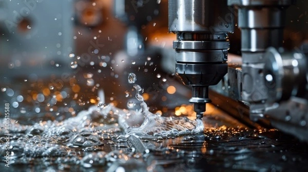 Fototapeta Metal fabrication using advanced CNC lathe technology with water coolant