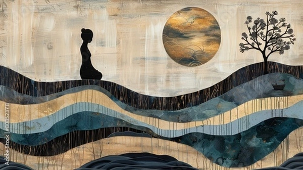 Fototapeta The painting is a beautiful depiction of a calm sea with a setting sun