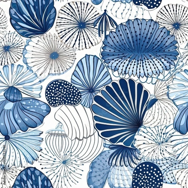 Fototapeta Summer Beach Seaside Print. Ocean Fashion Textile Blue, White Background. Seashore Elements Texture