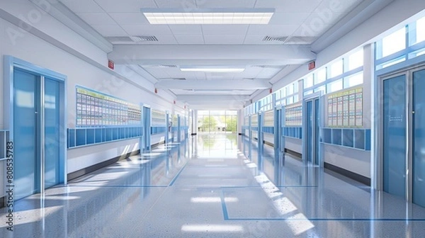 Fototapeta Vibrant School Hallway Interior - 3D Illustration with Modern Design and Bright Lighting