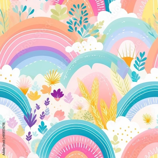 Fototapeta seamless pattern with rainbow and clouds