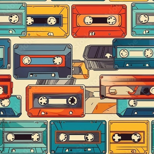 Fototapeta seamless pattern with set of retro tapes