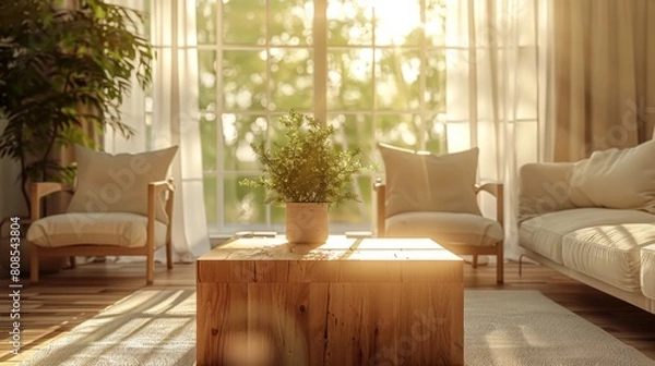 Fototapeta Realistic 3D image of a clean and stylish living room with a cubic wooden coffee table, white sofa, and armchairs, illuminated by morning light filtering through sheer curtains.