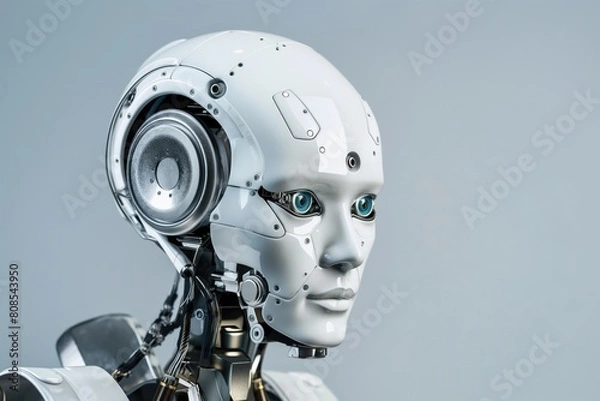 Fototapeta Closeup of a robot with a white head and striking blue eyes on a gray background