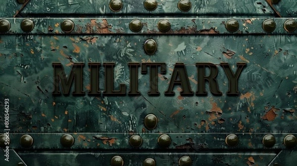 Fototapeta military background, green color, metal plate with rivets on top and bottom edge, vintage style, military themed, flat design.