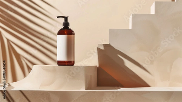 Obraz A brown shampoo bottle rests elegantly on a set of steps, its smooth surface contrasting with the empty white label affixed to it. Behind the bottle, a backdrop of geometric shapes in soothing beige 