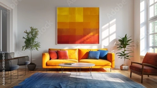 Fototapeta High-resolution 3D rendering of a minimalist living room in a cheerful mood, with vibrant sunlight illuminating colorful minimalist art on white walls.