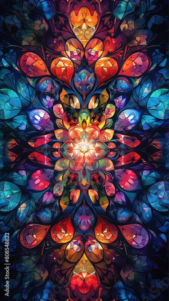 Fototapeta A colorful, abstract painting of a flower with a large, bright red center