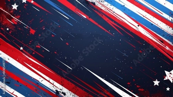 Fototapeta Red, white and blue background with diagonal stripes of red and white, stars on the right side and blue lines on the left side.
