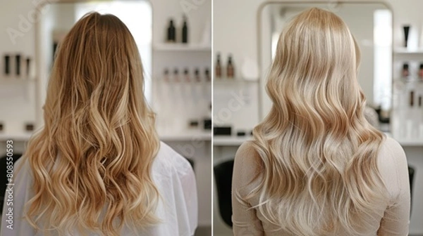 Fototapeta Tape In Extensions for Long, Trendy Hair. Professional Hairdresser Style with Glossy Highlights