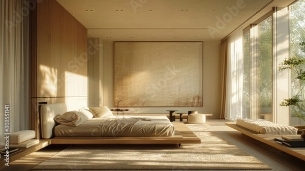 Fototapeta High-resolution 3D image of a spacious minimalist bedroom with streamlined furniture and early morning light casting gentle shadows across the room.