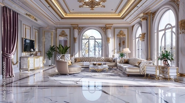 Obraz A chic living room with a white marble floor, an ornate gold-trimmed ceiling, and luxurious silk sofas, creating a space that feels both opulent and inviting