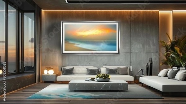 Fototapeta A contemporary living room with a smart art frame that changes artwork, a modular seating arrangement, and a set of LED accent lights