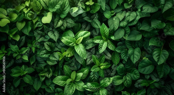 Obraz Green background, lush vegetation of various shapes. Generative AI.