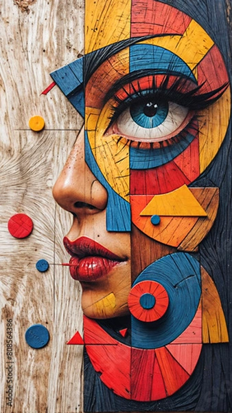 Fototapeta A Painting of Fractured Form: A Rustic Canvas Births a Prismatic Visage	
