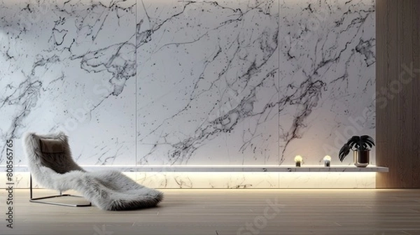 Fototapeta A living room with a minimalist white marble wall with built-in lighting, and a single, luxurious fur lounge chair