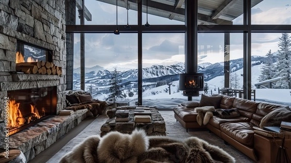 Obraz A living room in a luxury ski lodge with a large stone fireplace, cozy fur throws over leather seating, and a wall of windows showcasing snowy mountain views