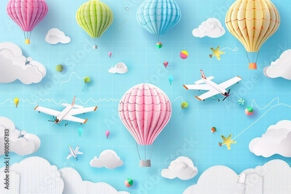 Fototapeta Children's Day poster template, Flying colorful 3D paper balloons and airplanes on school notebook background.