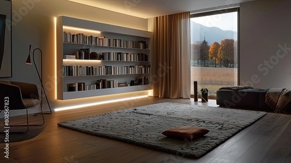 Obraz A living room with a single, floor-to-ceiling bookcase with integrated LED strip lighting, and a modernist wool rug