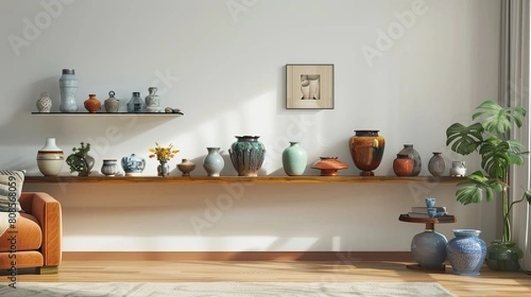Fototapeta A living room with a single floating walnut shelf, displaying a curated collection of ceramic art pieces