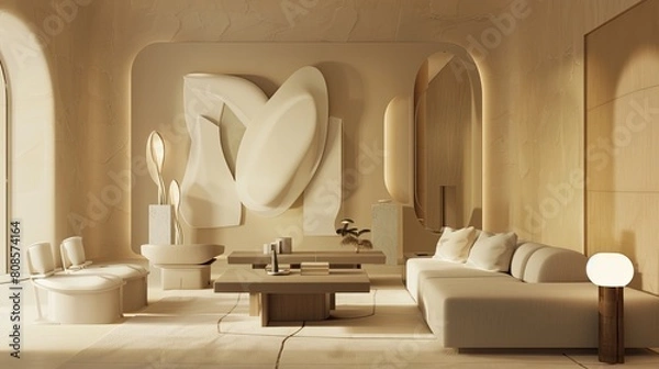 Fototapeta A minimalist living room with a neutral color scheme, featuring a statement wall of sculptural elements, simple yet elegant furniture, and subtle lighting that enhances the room's serene atmosphere