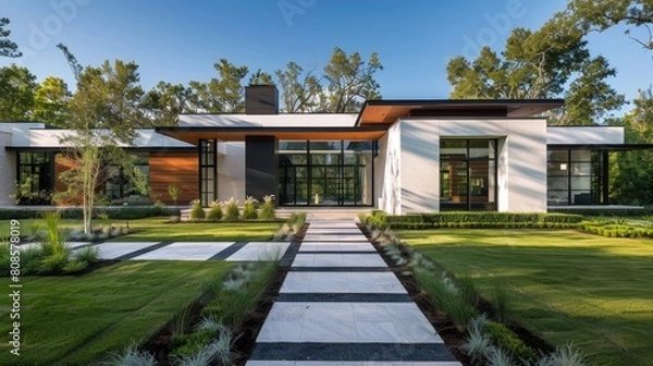 Fototapeta Modern cubic house in forest with elegant timber accents, blending minimalist design with nature