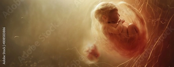 Fototapeta Human fetus in the womb prior to birth. Small embryo in uterus, banner with copy space. Unborn baby embryo during pregnancy. Childbirth medical science with space for text.