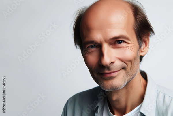 Fototapeta Smiling man half bald on white background, hair problem