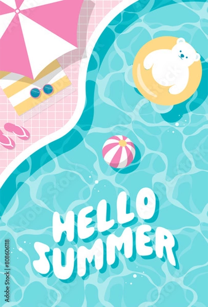 Fototapeta summer vector background with a polar bear floating in the swimming pool for banners, cards, flyers, social media wallpapers, etc.