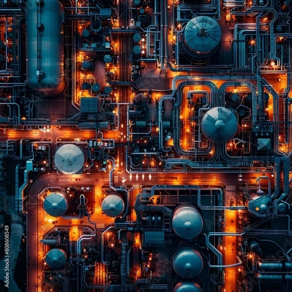 Fototapeta An aerial view of an oil refinery at night. The lights of the refinery create a beautiful and intricate pattern.